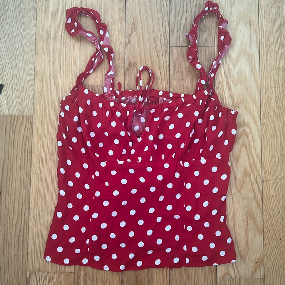 REFORMATION Red White Polk A
Dot Milk Maid Style Tank Top
Size: 4, “small”